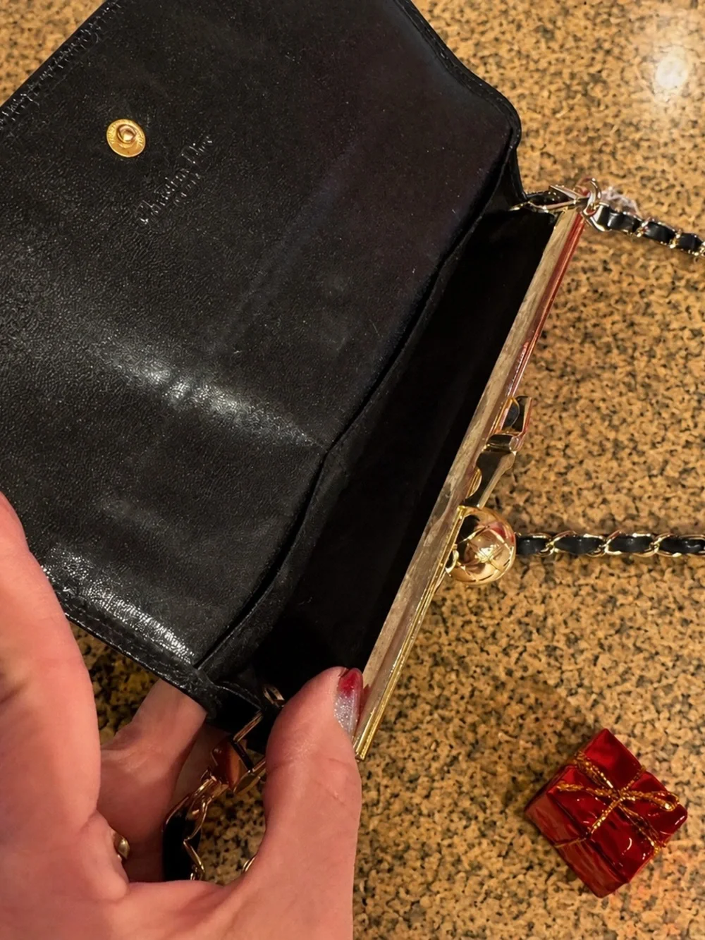 Vintage Christian Dior Black Leather Long Kiss Lock Wallet w Chain & Box